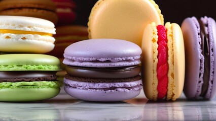 A collection of assorted macarons in various colors, including purple, yellow, green, and cream. These French delicacies are filled with rich, creamy centers and are presented beautifully