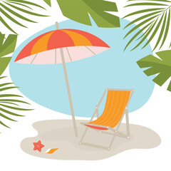 Lounge chair icon with beach sunshade umbrella. Lounge chair and parasol. Summer travel vector icon isolated. Flat design element. Vacation relax symbol.