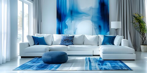 Stock photo of a white living room with blue accents and art. Concept Home Decor, Interior Design, Living Room Inspiration, Color Scheme Ideas, Art Deco Style