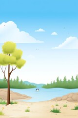 Tranquil nature illustration featuring a serene lake surrounded by lush trees and a clear blue sky, perfect for backgrounds and designs.