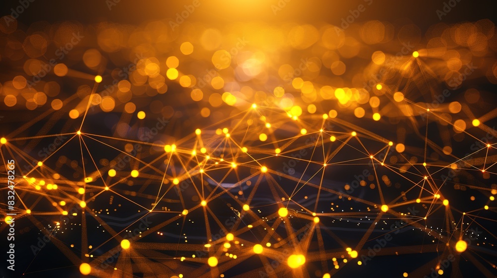 Poster tech background with interconnected nodes and lines in bright yellow on a dark background