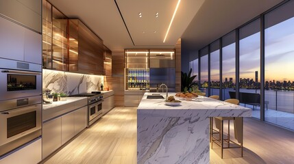 Gourmet kitchen with top-of-the-line appliances, a marble-topped island, and a spacious layout for culinary mastery.