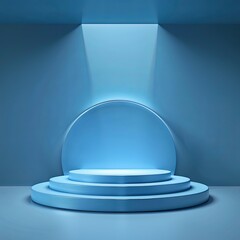 Modern Blue Podium with Round Platform and Cool Lighting Effects