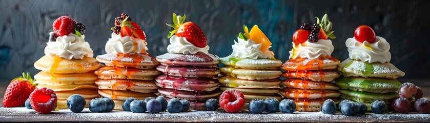 Obraz premium Colorful breakfast table featuring rainbow pancakes stacked with layers of vibrant fruit syrups and whipped cream