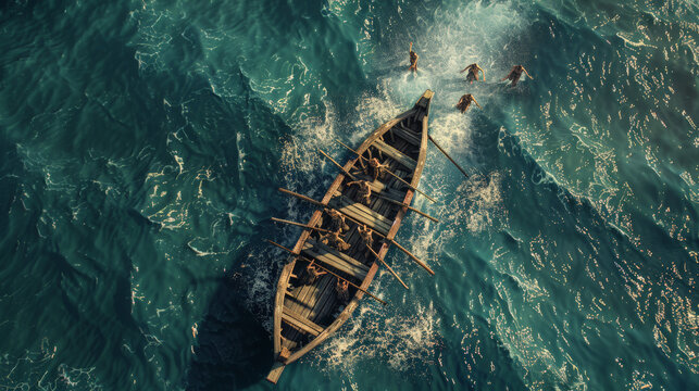 Aerial view of old wooden rugged boat floating on of the water with Jesus Christ and His 12 Disciples, splashing, set against the backdrop of a deep blue ocean.  - Powered by Adobe