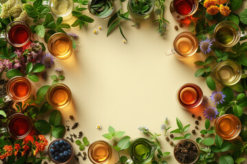Tea background, top view, tea ceremony concept, 3d render