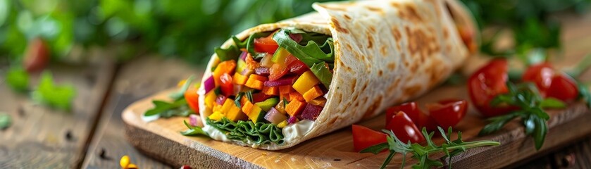 Healthy rainbow breakfast wrap filled with brightly colored vegetables and cream cheese, served on a sunny patio