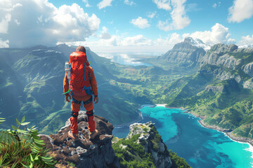 Obraz premium Backpacker enjoying a scenic view from a cliff, 3d render