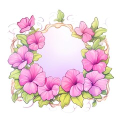 Fototapeta premium Beautiful floral frame with pink flowers and green leaves, perfect for invitations, greeting cards, and decorative designs.