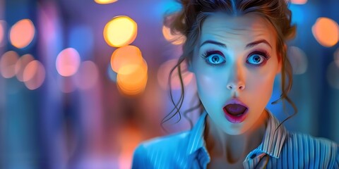 Retro-style image of a woman in an office hallway, visibly shocked and overwhelmed. Concept Retro, Woman, Office, Shocked, Overwhelmed