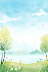 Obraz premium Beautiful watercolor nature scene with trees, flowers, and serene lake under a blue sky with clouds and birds. Perfect for peaceful designs.