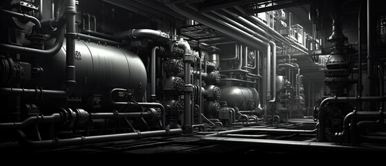 3D industrial scene, complex machinery parts, monochrome, dramatic contrast, detailed textures