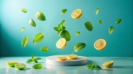 Minimalist Product Stage with Lemon, Lime, and Mint Elements