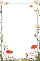 Obraz premium Colorful floral border with daisies, tulips, and butterflies, perfect for spring or summer invitations, cards, and designs.