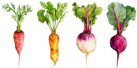 Watercolor Illustration of Fresh Carrots, Beets, and Turnips