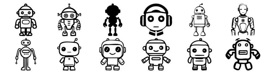 Robot silhouettes set, pack of vector silhouette design, isolated background