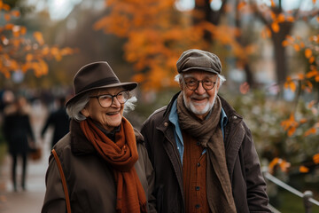 Happy elderly couple walking in the park 