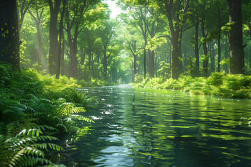 Obraz premium Lush green forest with a flowing river