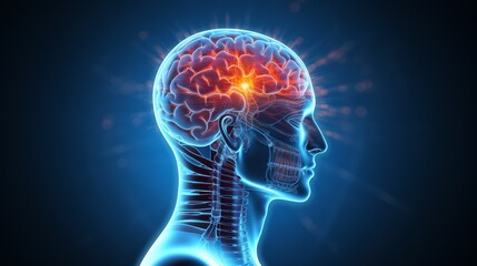 Fototapeta premium 3D render of human head with brain, stress indicators glowing, frontal perspective, clinical look
