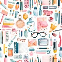 Seamless Illustrated Pattern of School and Office Supplies in Pastel Tones with Scandinavian Inspired Minimal Design and Watercolor Textures