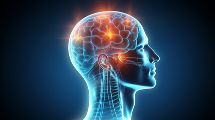 3D render of human head with brain, stress indicators glowing, frontal perspective, clinical look