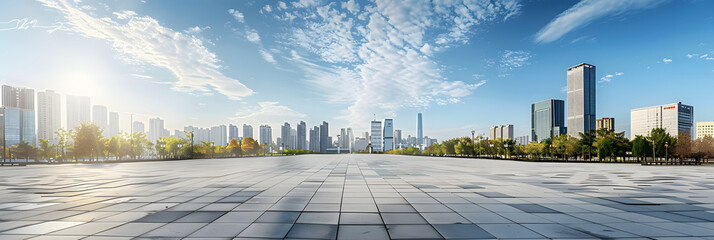 A panoramic view of the skyline and buildings with an empty square on the ground Includes copy space image