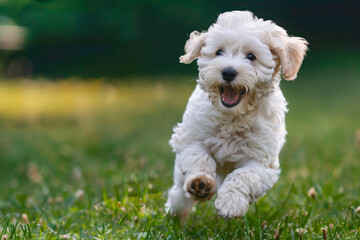 Playful puppy running on a grassy field