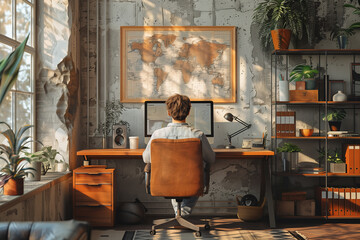Professional working at a desk in a home office, 3d render