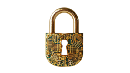 Golden padlock with integrated electronic circuits, password security technology for fraud prevention and confidential data network 