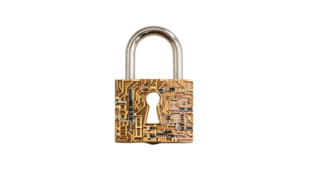Golden padlock with integrated electronic circuits, password security technology for fraud prevention and confidential data network 