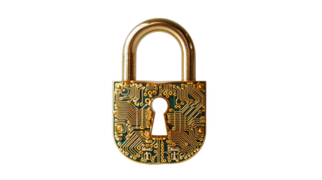 Golden padlock with integrated electronic circuits, password security technology for fraud prevention and confidential data network 