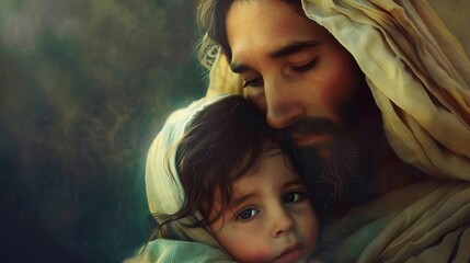 almighty biblical jesus christ tenderly embracing child divine love and compassion realistic...