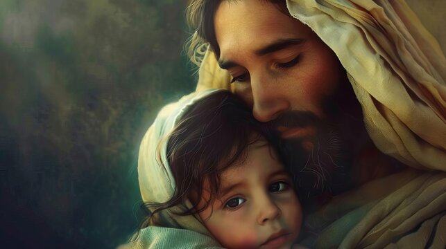 almighty biblical jesus christ tenderly embracing child divine love and compassion realistic digital painting