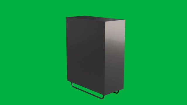 A black cabinet with four drawers sits on a green background. The cabinet is made of metal and has a modern design