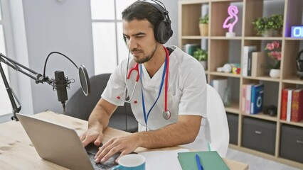 A focused man in medical attire with headphones operates a laptop in a podcast studio setup, indicating a medical podcast theme.