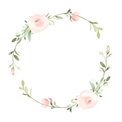 Fototapeta premium Elegant watercolor floral wreath with pink roses and green leaves in a circular design, perfect for invitations, weddings, and decorative projects.