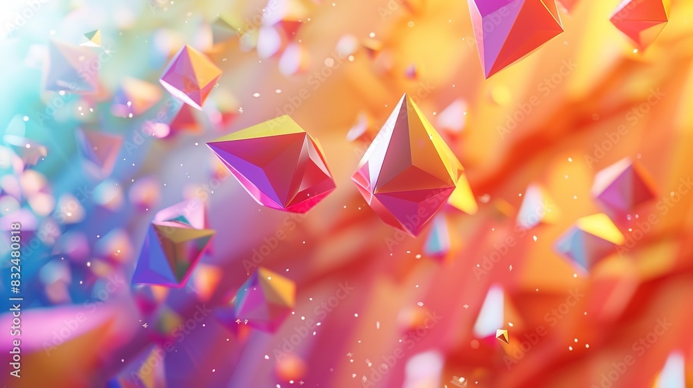 Poster background with floating tetrahedrons in a rainbow spectrum