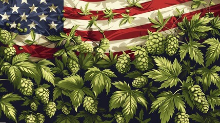 Obraz premium American flag with hops plant foreground, symbolizing the connection between the USA and brewing culture. Perfect for beer or brewery themes.