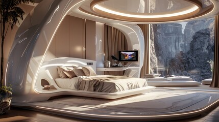 Fototapeta premium Modern bedroom with a rotating bed, automated curtains, and an integrated entertainment system for a futuristic retreat.