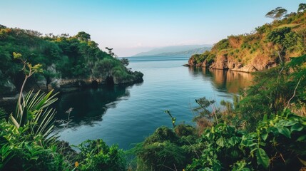 Obraz premium A tranquil body of water surrounded by dense greenery in the foreground