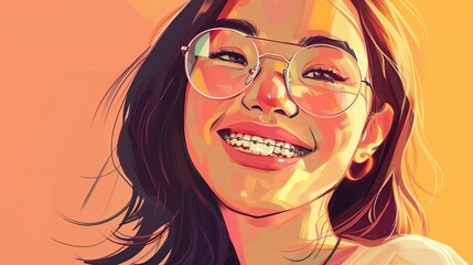 beautiful smiling asian woman wearing braces and glasses digital portrait illustration - Powered by Adobe