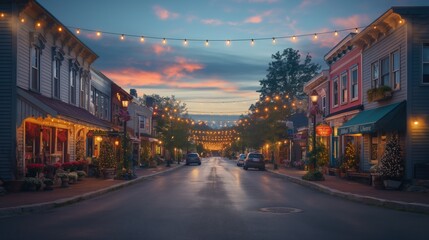 Naklejka premium Quaint Main Street with String Lights
