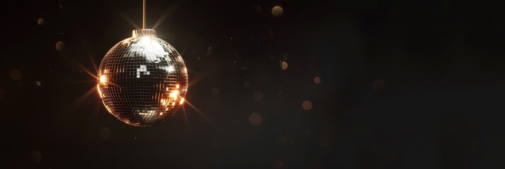 A disco ball hanging against a black backdrop
