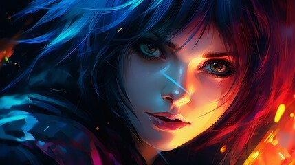 Anime portrait, digital painting, close-up of a mysterious character, dramatic lighting, vivid colors