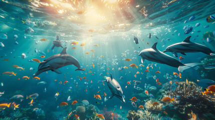 Obraz premium An expansive underwater scene, clear blue ocean filled with playful dolphins and colorful fish