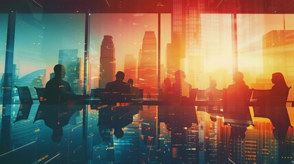 business team meeting double exposure of conference room and city skyline partnership success concept