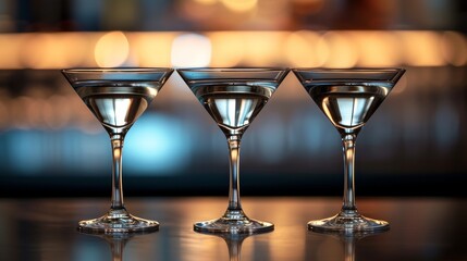 Three elegant martini glasses arranged neatly on a table