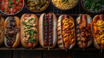 Variety of Gourmet Hot Dogs with Toppings