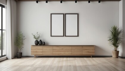 Fototapeta premium Interior home of living room with empty frame canvas poster mock up on wooden cabinet on white wall copy space
