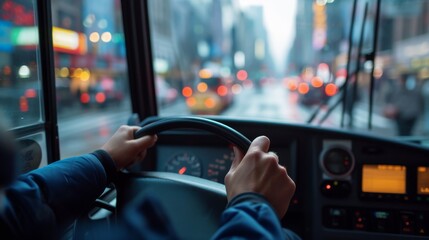 The driver hand is on the steering wheel, city traffic and buildings are visible through the windshield - Powered by Adobe